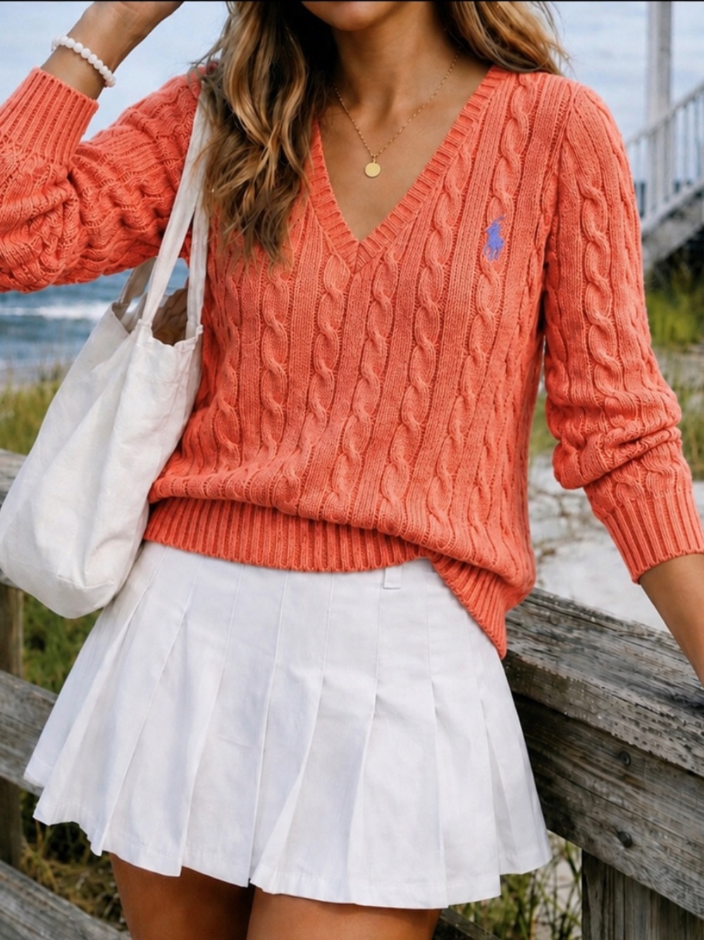 Vintage Ralph Lauren Sport Women's Sweater Size XS V-neck Cable Knit Cotton